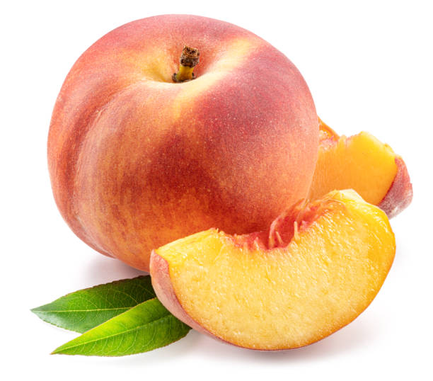 istock Ripe peach with leaf and peach slices isolated on white background. 2155397683