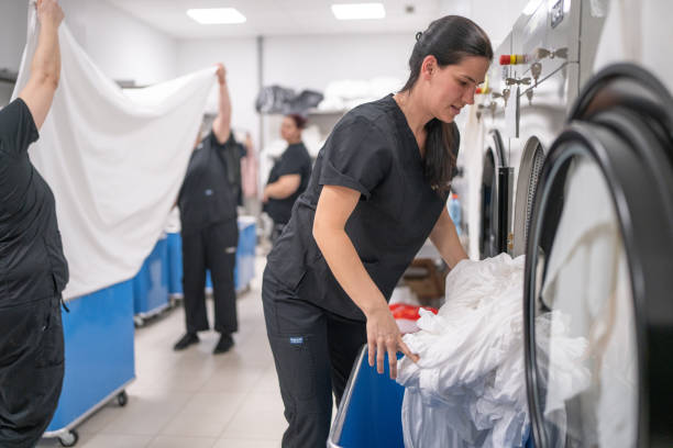 Busy day in hotel laundry room