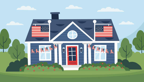 House Independence and Memorial day concept. Flag day concept. House decorated with flags of USA. Flat hand drawn illustration. american flag house stock illustrations