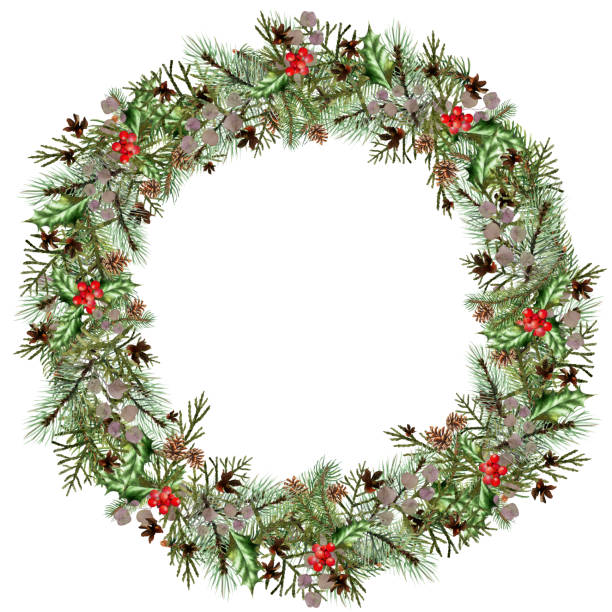 istock watercolor festive Christmas wreath. Winter decorative wreath. Merry Christmas design. Pine branch, frame, berries. Decorative design for New Year's invitation. Watercolor illustration 2155402126