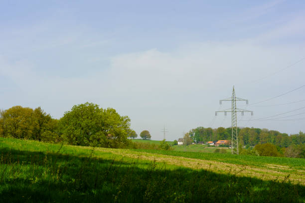 High-voltage power lines in a sunny meadow in spring