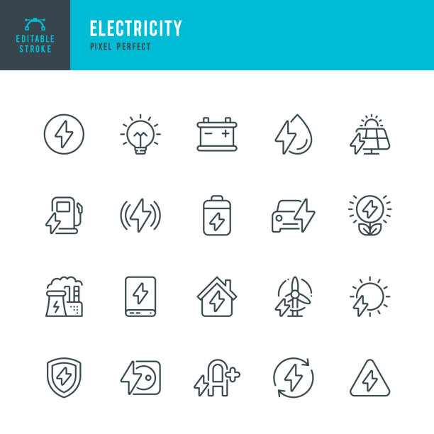 stockillustraties, clipart, cartoons en iconen met electricity - set of vector linear icons. pixel perfect. editable stroke. the set includes a light bulb, lightning, battery, electric car, wind turbine, solar panel, power station, power supply, sun, power bank, organic power, house. - energie