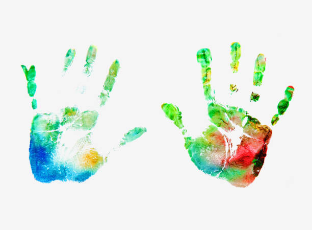 istock Colored hand print of child on white background (happy childhood, art, fun, toy concept) 2155410665