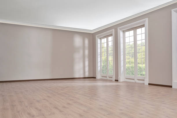 istock Empty room, wall, window, parquet style, interior concept, area for furniture sofa table carpet decoration. 2155410788