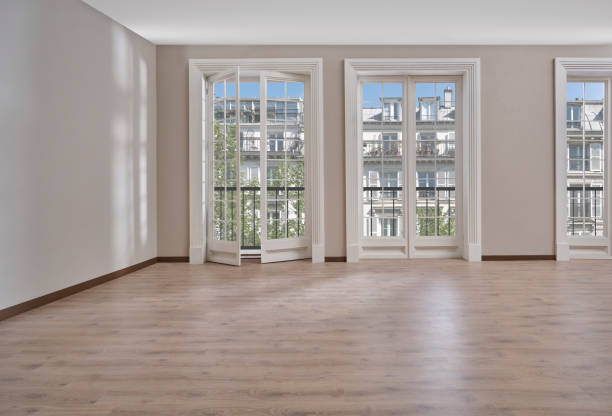 istock Empty room, wall, window, parquet style, interior concept, area for furniture sofa table carpet decoration. 2155411335