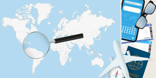 istock Saint Lucia is magnified over a World Map, illustration with airplane, passport, boarding pass, compass and eyeglasses. 2155412538