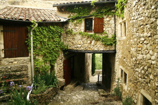 Narrow cobbled street in the village of Mirmande, north of Montélimar in the Drôme département of France.