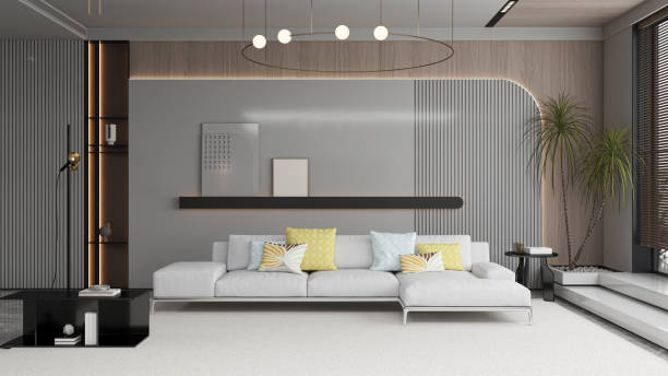 istock Illustration 3D rendering large luxury modern bright interiors Living room mockup computer digitally generated image 2155416880