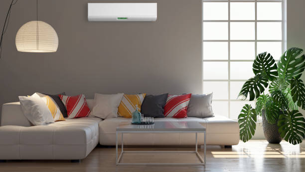 istock modern bright interiors room with air conditioning and remote control illustration 3D rendering 2155418524