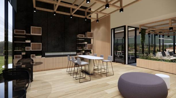 istock Interior Empty Modern Loft Office open space modern office footage.Modern open concept Lobby and reception area meeting room design. 3D Rendering . 2155420065