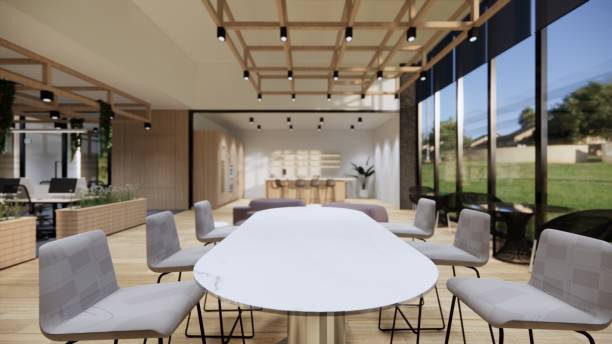 istock Interior Empty Modern Loft Office open space modern office footage.Modern open concept Lobby and reception area meeting room design. 3D Rendering . 2155420105