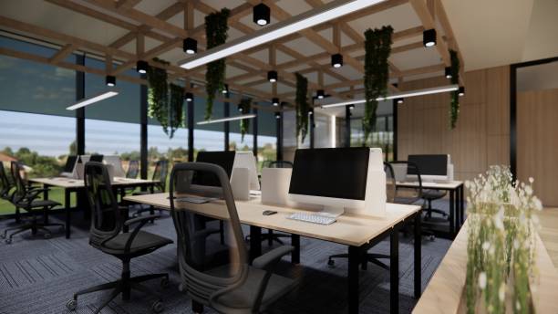 istock Interior Empty Modern Loft Office open space modern office footage.Modern open concept Lobby and reception area meeting room design. 3D Rendering . 2155420113