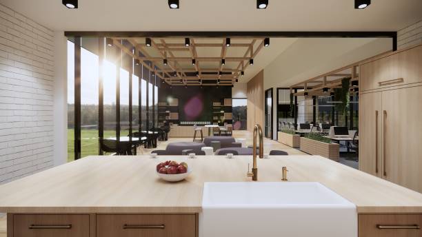 istock Interior Empty Modern Loft Office open space modern office footage.Modern open concept Lobby and reception area meeting room design. 3D Rendering . 2155420144