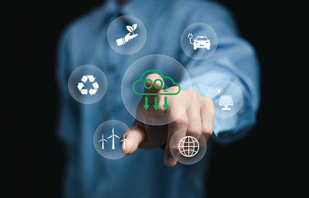 istock co2 reduce emissions and carbon footprint to limit global warming and climate change. Sustainable development and green business based on renewable energy, electric transport, offset by planting tree 2155428322