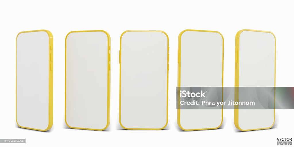 3D yellow smartphone mockup with white screen. Yellow mobile phone isolated on white background. 3d vector illustration. Yellow stock vector 3D yellow smartphone mockup with white screen. Yellow mobile phone isolated on white background. 3d vector illustration. Yellow stock vector