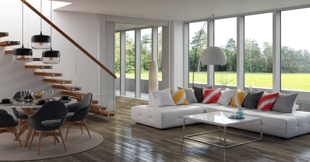istock Large luxury modern bright interiors Living room mockup illustration 3D rendering image 2155429496