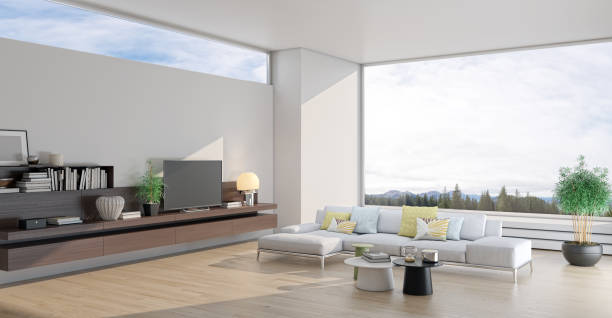istock Large luxury modern bright interiors Living room mockup illustration 3D rendering image 2155429906