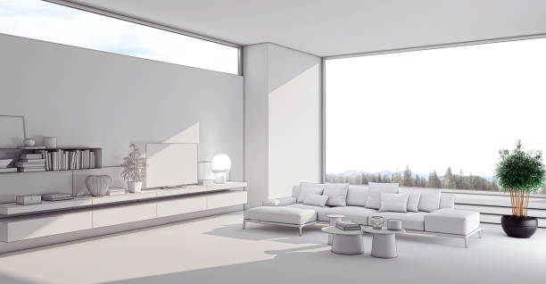 istock Large luxury modern bright interiors Living room mockup illustration 3D rendering image 2155429928