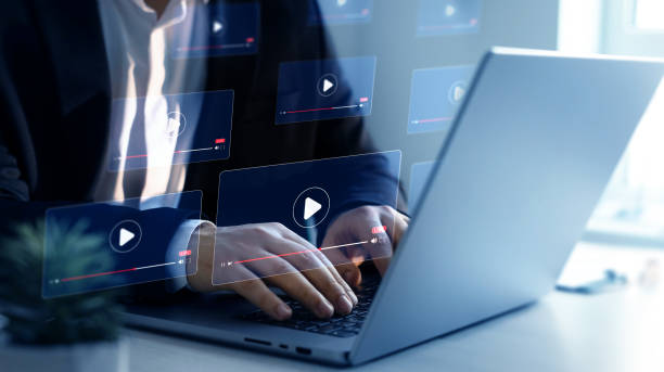istock Businessman watching online live conference.Live digital multimedia player.Digital online live stream window. Video streaming on internet media 2155430199