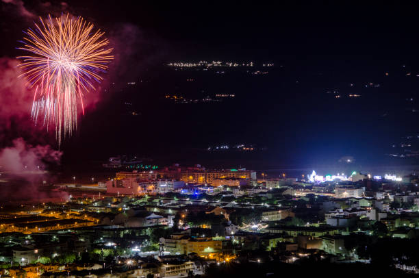istock Fireworks in the night sky over a town 2155431700