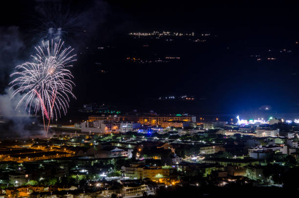 istock Fireworks in the night sky over a town 2155431702
