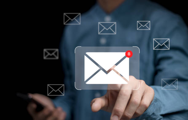 istock New email notification concept for business e-mail communication and digital marketing. Inbox receiving electronic message alert. business people touch on email in virtual screen. internet technology. 2155433789