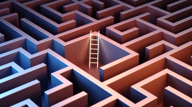 istock Rectangle Metal Maze and Neon Light Staircase Illuminated with Blue and Orange Lights 2155437936