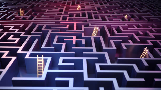 istock Rectangle Shape Metal Maze and Neon Light Staircase Illuminated with Pink and Orange Lights 2155438049