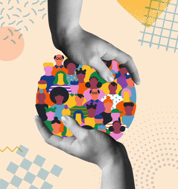 Diverse people in circle shape and human hands protecting vector card Big group of people faces together making round circle shape and human hands protecting. Colorful diverse friend team concept, united community or social cooperation cartoon. Vector illustration concept. unity stock illustrations