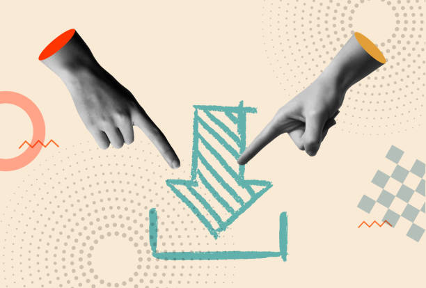 istock Download arrow icon and human hands in retro collage vector illustration 2155438262