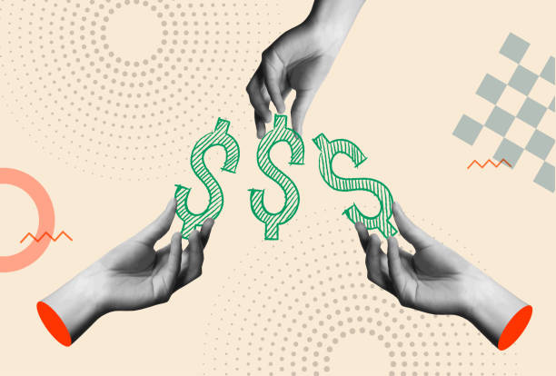 Crowdfunding concept with money icon and hands in retro collage vector illustration Crowdfunding concept with money icon and human hands in retro 80s collage mixed media vector illustration. Idea for financing business project, funding, philanthropy, cooperation, bank credit and startup development. fundraising stock illustrations