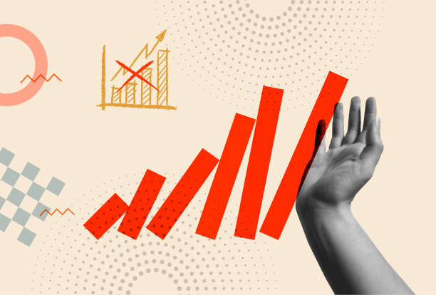 Financial crisis concept, human hand pushing unstable bar graph in retro 80s collage mixed media vector illustration. Design for economic collapse, bank failure and devaluation.