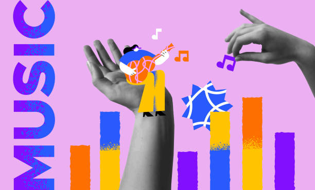 istock Girl playing guitar and human hands collage, music concept vector card. 2155439082