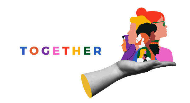 Diverse people face together and hand collage style vector illustration Together colorful quote illustration with diverse people faces and young hand that holds them. Ethnic character team in vector flat cartoon and creative collage mixed media design for unity or community help concept. ethnic diversity stock illustrations