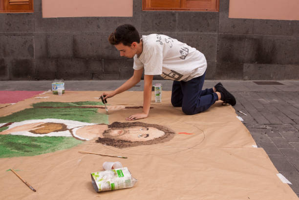 Arucas, Gran Canaria - June 07, 2015: Preparations of the corpus carpets in the municipality of Arucas on the island of Gran Canaria, Spain