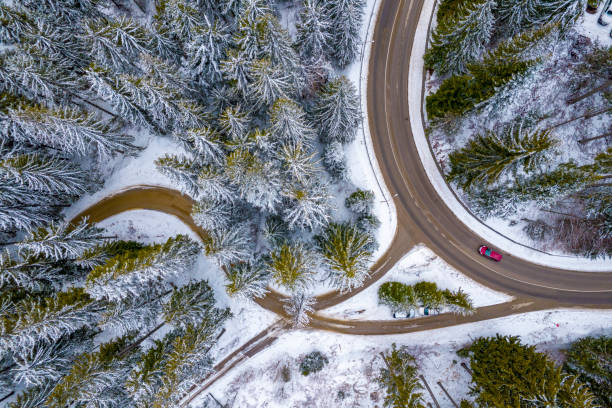 Curved crossroad in a snowy mountain