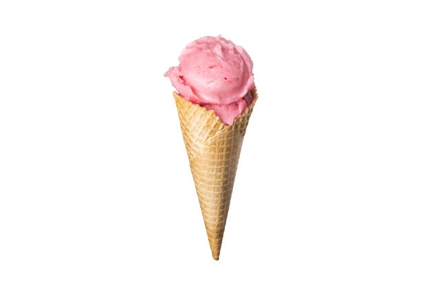 Strawberry pink ice cream waffle cone on white background isolated food photo