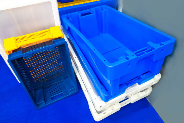 Boxes for frozen fish. Containers for seafood. Plastic pallets for fish. Industrial containers for transportation of fish products. Food containers.