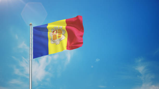 The flag of Andorra with vertical blue, yellow, and red stripes, featuring the national coat of arms in the center. The realistic waving texture highlights the elegance and rich heritage of this European microstate.