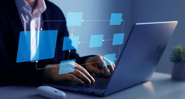 istock Scheme hierarchy management of corporate. Digital technology of business process and workflow automation with flowchart and processing management. 2155446201