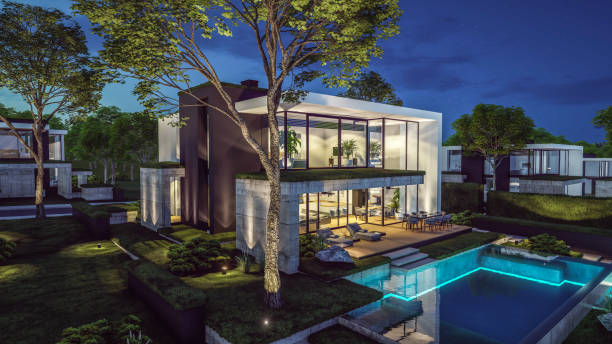 istock 3d rendering of modern house in luxurious style in night 2155446857
