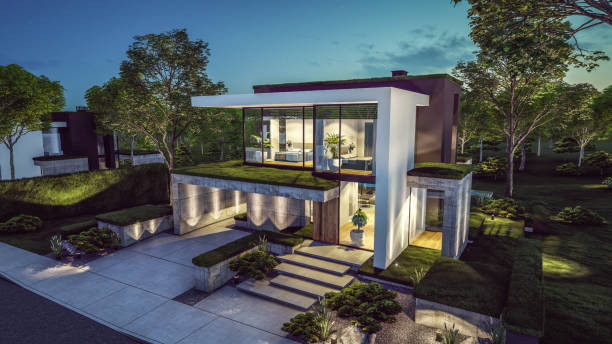 istock 3d rendering of modern house in luxurious style in night 2155446861