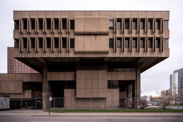 Calgary, Alberta - May 4, 2024: Former Calgary Board of Education Building in downtown Calgary. Build in the brutalist architectural style.