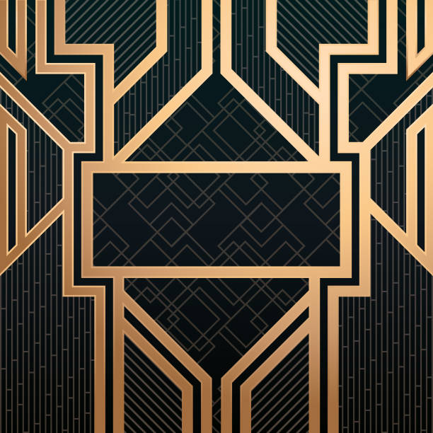 Geometric zigzag roaring twenties art deco pattern with rectangle center A vintage vector art deco pattern with golden highlight lines and a central rectangle gatsby stock illustrations