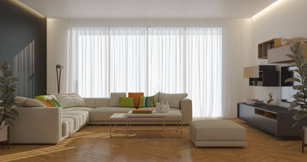 istock Illustration 3D rendering large luxury modern bright interiors Living room mockup computer digitally generated image 2155449587