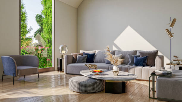 istock Illustration 3D rendering large luxury modern bright interiors Living room mockup computer digitally generated image 2155449719