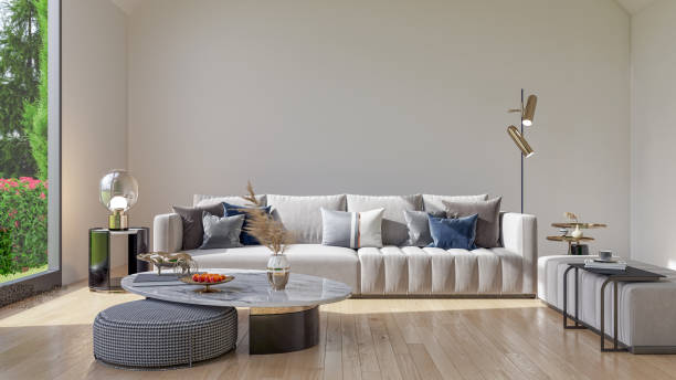 istock Illustration 3D rendering large luxury modern bright interiors Living room mockup computer digitally generated image 2155449720