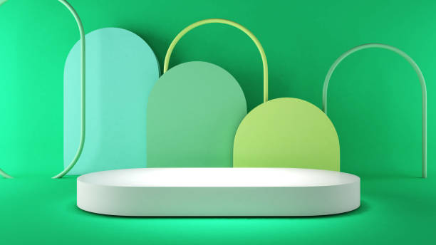 istock green mock up to place product samples. on a pastel light green background,3d rendering 2155456795