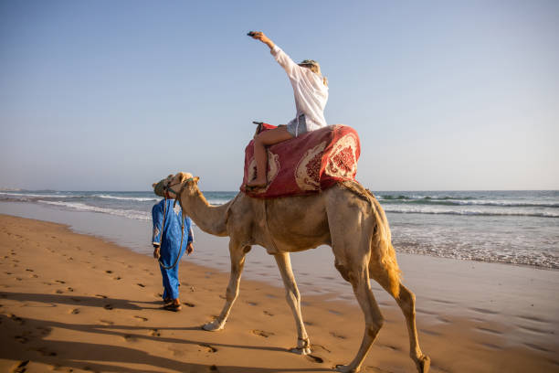 istock Young woman rides camel with guide 2155465882