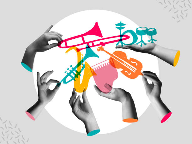 Jazz music instrument and human hands in retro collage vector illustration Jazz music festival with human hands in retro 80s collage mixed media and colorful doodle cartoon instruments vector illustration set. Includes piano, saxophone, trumpet and more. music culture stock illustrations